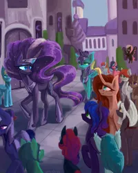 Size: 4000x5000 | Tagged: safe, alternate version, artist:anastas, derpibooru import, part of a set, nightmare rarity, oc, oc:allegro, oc:asteria, oc:ciamon, oc:cosmic wave, oc:glory star, oc:penumbra, oc:pulmenti, oc:skyrex, oc:tess petrichor, oc:visio ensis, bat pony, earth pony, pegasus, pony, unicorn, series:ask nightmare rarity, g4, ask, canterlot, comic, detailed background, ethereal mane, ethereal tail, eyelashes, eyeshadow, female, flowing mane, flowing tail, flying, horn, image, jewelry, makeup, mare, mlp art ask (ru), outdoors, png, regalia, slit pupils, smiling, solo, starry mane, starry tail, tail, walking, wings