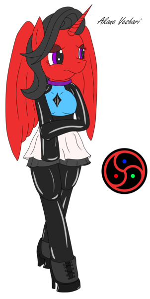 Size: 1470x2921 | Tagged: safe, artist:timejumper, derpibooru import, oc, oc:akana, unofficial characters only, alicorn, anthro, ankle boots, bdsm, bodysuit, boots, catsuit, clothes, collar, cutie mark, fetish, high heel boots, high heels, image, latex, latex fetish, latex suit, latex under clothes, nervous, png, shoes, skirt, solo, submissive, triskelion