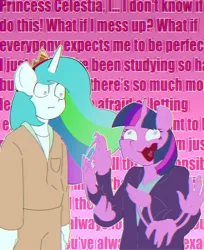 Size: 981x1200 | Tagged: safe, artist:luanbang, derpibooru import, princess celestia, twilight sparkle, anthro, g4, grin, image, jpeg, nervous, nervous grin, pink background, simple background, smiling, stimming, text, twilight snapple, twilighting, wavy mouth