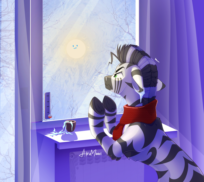 Size: 1869x1668 | Tagged: safe, alternate version, artist:alrumoon_art, derpibooru import, oc, oc:rayven, unofficial characters only, zebra, :3, angry, floppy ears, frozen, ice, image, male, plant, png, quadrupedal, solo, sun, thermometer, window, winter, zebra oc