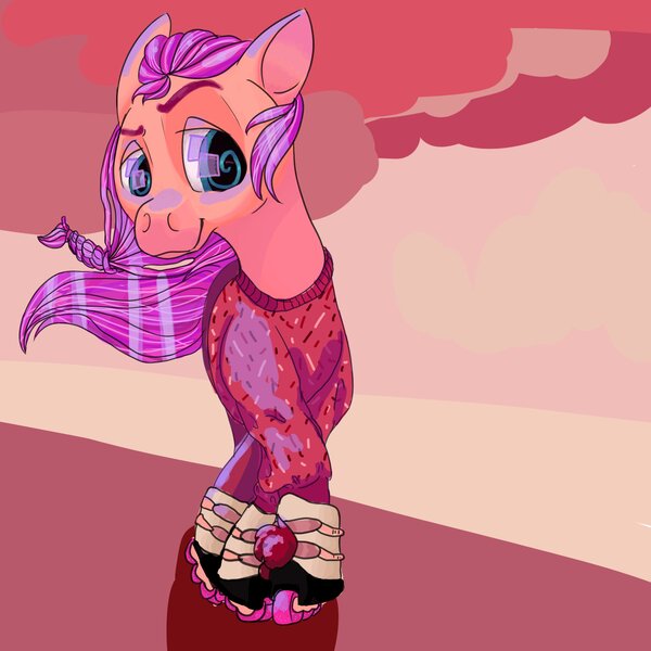 Size: 2321x2321 | Tagged: safe, artist:imiya, derpibooru import, sunny starscout, earth pony, pony, g5, clothes, female, image, jpeg, mare, roller skates, skates, skating, solo, sweater