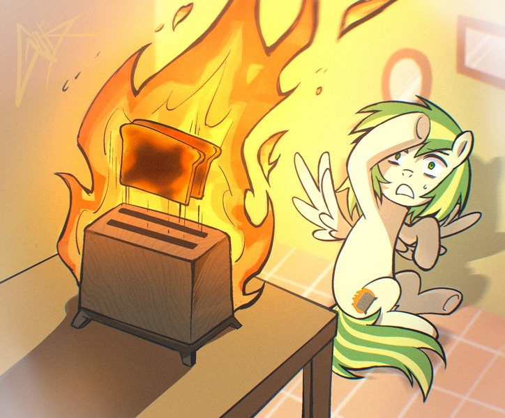 Size: 2148x1780 | Tagged: safe, artist:goldenage2049, derpibooru import, oc, oc:wooden toaster, bread, burned toast, fire, food, image, jpeg, toast, toaster