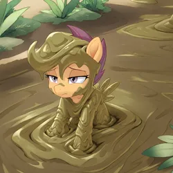 Size: 1408x1408 | Tagged: safe, ai content, derpibooru import, machine learning generated, prompter:pzkratzer, stable diffusion, scootaloo, pegasus, g4, accident, covered in mud, crash, female, image, mud, muddy, png, solo, unamused