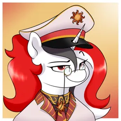 Size: 3000x3000 | Tagged: safe, artist:vipy, derpibooru import, oc, oc:red rocket, unofficial characters only, unicorn, equestria at war mod, clothes, collar, glasses, hat, horn, image, looking at you, necktie, peaked cap, png, ponytail, shirt, smug, solar empire, solo, unicorn oc