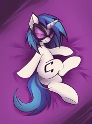 Size: 2295x3092 | Tagged: suggestive, artist:maretheory.exe, derpibooru import, vinyl scratch, pony, unicorn, g4, female, glasses, horn, image, lying down, mare, png, purple background, seductive look, seductive pose, simple background