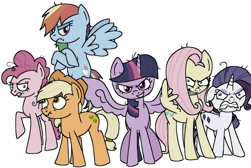 Size: 2225x1487 | Tagged: safe, artist:funflower2011, derpibooru import, applejack, mean applejack, mean fluttershy, mean pinkie pie, mean rainbow dash, mean rarity, mean twilight sparkle, g4, the mean 6, clone, glare, image, jpeg, liarjack, lie face, middle finger, my little pony, scrunchy face, standing, vulgar, wing hands, wings, wings as fingers