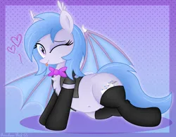 Size: 3839x2972 | Tagged: safe, artist:rainbowšpekgs, derpibooru import, oc, oc:lucky roll, unofficial characters only, bat pony, pony, bat pony oc, bat wings, belly, belly button, bowtie, clothes, fangs, female, image, mare, one eye closed, png, socks, spread wings, tongue out, vest, wings, wink