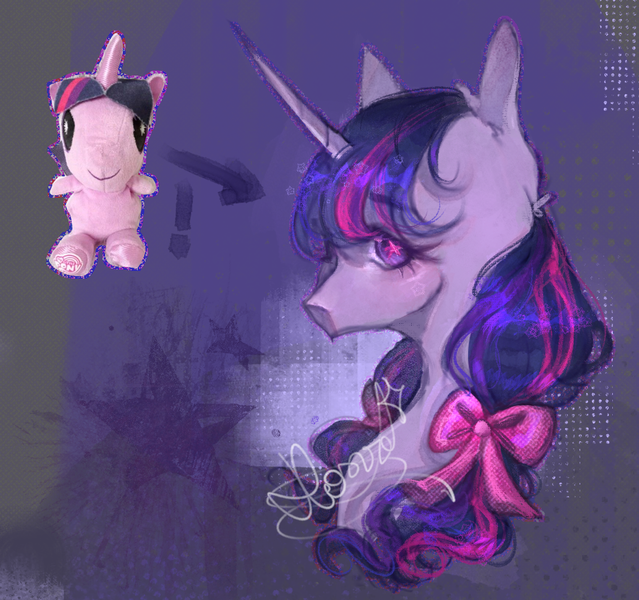 Size: 979x919 | Tagged: safe, artist:hoszzek, derpibooru import, twilight sparkle, pony, g4, bow, bust, female, hair bow, image, mare, plushie, png, solo, starry eyes, wingding eyes