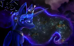 Size: 2732x1679 | Tagged: safe, artist:bananitryi, derpibooru import, princess luna, alicorn, pony, g4, brony, crown, crying, ethereal mane, fanart, galaxy, galaxy mane, horn, image, jewelry, my little pony, png, regalia, sfw, space, stars, wings