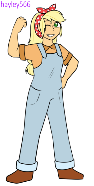 Size: 1656x3280 | Tagged: safe, artist:hayley566, derpibooru import, applejack, equestria girls, g4, 50s, alternate hairstyle, bandana, boots, clothes, commission, female, freckles, grin, image, muscles, one eye closed, overalls, png, rosie the riveter, shirt, shoes, smiling, solo, wink