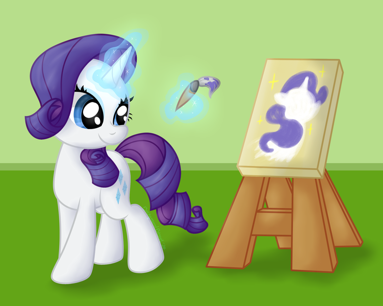 Size: 2496x1993 | Tagged: safe, artist:background basset, derpibooru import, rarity, pony, unicorn, g4, canvas, cute, easel, horn, image, magic, paintbrush, painting, png, raribetes, self portrait, smiling, solo, telekinesis