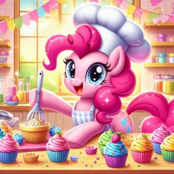 Size: 1024x1024 | Tagged: safe, ai content, derpibooru import, machine learning generated, prompter:bluey2309, pinkie pie, earth pony, g4, baking, chef's hat, cupcake, female, food, hat, image, jpeg, kitchen