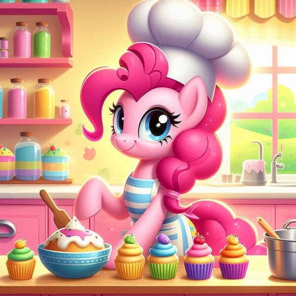 Size: 1024x1024 | Tagged: safe, ai content, derpibooru import, machine learning generated, prompter:bluey2309, pinkie pie, g4, baking, bowl, cake, chef's hat, cupcake, female, food, hat, image, jpeg, kitchen