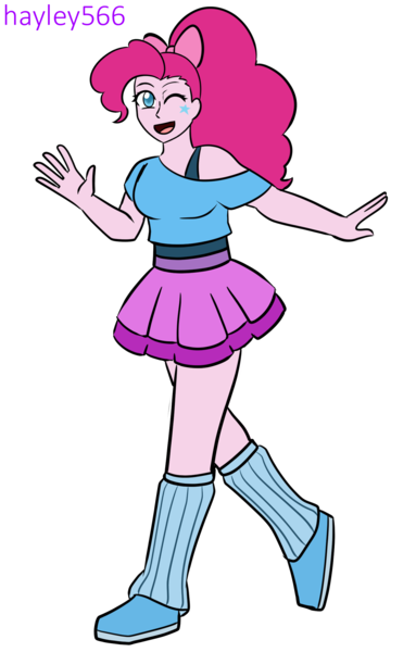 Size: 1527x2392 | Tagged: safe, artist:hayley566, derpibooru import, pinkie pie, equestria girls, g4, 80s hair, alternate hairstyle, bow, bra, bra strap, chubby, clothes, commission, cute, diapinkes, face paint, female, hair bow, image, leg warmers, one eye closed, open mouth, png, shirt, shoes, simple background, skirt, sneakers, solo, t-shirt, transparent background, underwear, wink