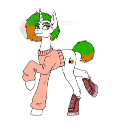 Size: 788x844 | Tagged: safe, alternate version, artist:jehr, derpibooru import, oc, unofficial characters only, pony, unicorn, bobcut, boots, cigarette, cigarette smoke, clothes, eyelashes, green hair, horn, image, jpeg, long ears, long horn, long legs, long neck, raised hoof, shoes, short hair, short tail, simple background, smiling, smoke, smoking, solo, sweater, tail, trade, walking, white background, white body