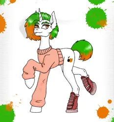 Size: 788x844 | Tagged: safe, alternate version, artist:jehr, derpibooru import, oc, unofficial characters only, pony, unicorn, bobcut, boots, cigarette, cigarette smoke, clothes, eyelashes, green hair, horn, image, jpeg, long ears, long horn, long legs, long neck, paint stains, raised hoof, shoes, short hair, short tail, simple background, smiling, smoke, smoking, solo, sweater, tail, trade, walking, white background, white body