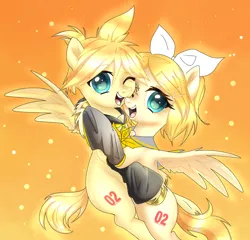 Size: 1760x1689 | Tagged: safe, artist:doodlesinky, derpibooru import, ponified, pegasus, pony, abstract background, hug, idol, image, kagamine len, kagamine rin, png, siblings, twins, vocaloid, yellow