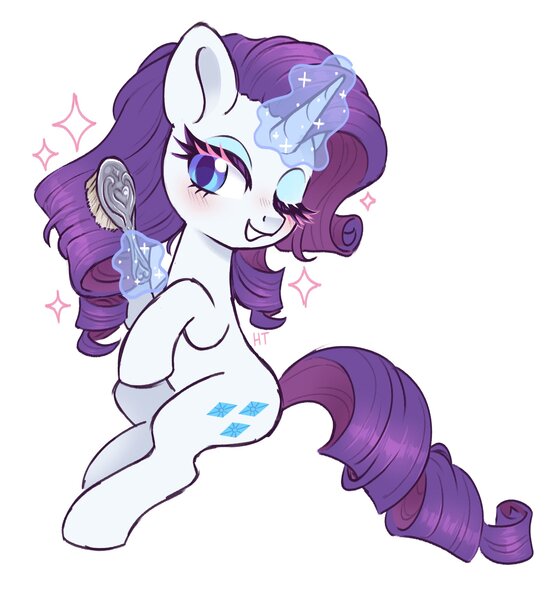 Size: 2100x2268 | Tagged: safe, artist:hawthornss, derpibooru import, rarity, pony, unicorn, g4, blush lines, blushing, brush, eyeshadow, female, horn, image, jpeg, levitation, magic, magic aura, makeup, mare, one eye closed, open mouth, open smile, simple background, sitting, smiling, solo, sparkles, telekinesis, white background, wink