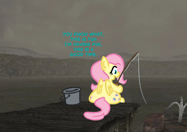 Size: 618x435 | Tagged: safe, artist:jargon scott, derpibooru import, fluttershy, pegasus, pony, g4, bucket, butt, dialogue, docks, facing away, female, fishing, fishing rod, flutterbutt, hoof hold, image, lake, mare, morrowind, pier, plot, png, solo, the elder scrolls, water