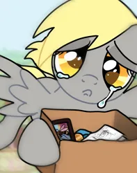 Size: 1899x2408 | Tagged: safe, artist:doodlesinky, derpibooru import, derpy hooves, pegasus, pony, g4, box, crying, female, flying, image, mare, png, selfie, unemployment