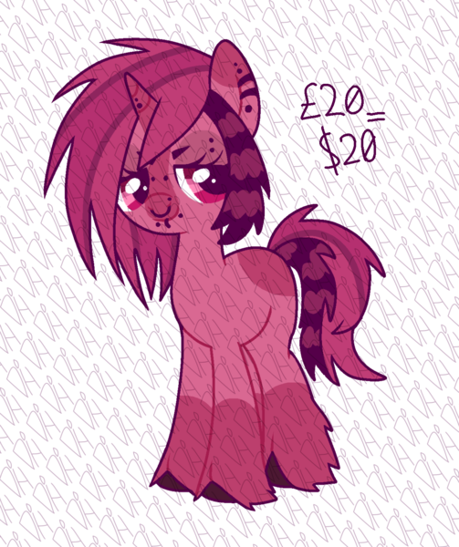 Size: 1200x1430 | Tagged: safe, artist:doodlesinky, derpibooru import, oc, pony, unicorn, adoptable, blank flank, bridge piercing, ear piercing, eyebrow piercing, female, heavily watermarked, horn, horn piercing, image, lip piercing, mare, monochrome, nose piercing, piercing, pink, png, raccoon tail, scenecore, septum piercing, watermark