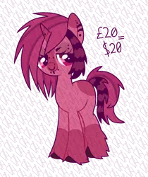 Size: 1200x1430 | Tagged: safe, artist:doodlesinky, derpibooru import, oc, pony, unicorn, adoptable, blank flank, bridge piercing, ear piercing, eyebrow piercing, female, heavily watermarked, horn, horn piercing, image, lip piercing, mare, monochrome, nose piercing, piercing, pink, png, raccoon tail, scenecore, septum piercing, watermark