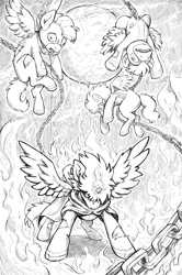 Size: 2216x3336 | Tagged: grimdark, artist:kohjhones, derpibooru import, fleetfoot, misty fly, soarin', thunderlane, alicorn, pegasus, pony, g4, big macintosh hoodie, black and white, chains, clothes, dead eyes, drool, fire, grayscale, image, impalement, monochrome, moon, ms paint, my little pony the movie: soarin & braeburn, png, uniform, wonderbolts uniform