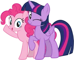 Size: 749x612 | Tagged: safe, artist:zslnews, derpibooru import, pinkie pie, twilight sparkle, twilight sparkle (alicorn), alicorn, earth pony, pony, g4, cute, diapinkes, duo, duo female, female, image, looking at you, one eye closed, open mouth, png, raised hoof, simple background, transparent background, twiabetes, vector, wink, winking at you