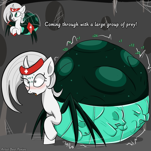 Size: 2000x2000 | Tagged: suggestive, artist:bestponies, derpibooru import, oc, unofficial characters only, insect, monster pony, original species, pony, spider, spiderpony, blushing, dialogue, face imprint, female, female pred, fetish, healing, image, jpeg, mare, mare pred, multiple eyes, multiple legs, multiple prey, numbers, pony prey, struggling, unwilling prey, vore