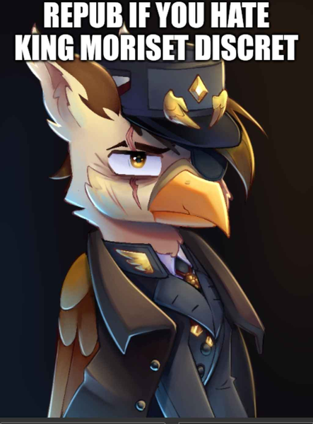 Size: 1024x1387 | Tagged: safe, artist:opal_radiance, derpibooru import, edit, oc, oc:darien platecrête, unofficial characters only, gryphon, equestria at war mod, clothes, eyepatch, gradient background, griffon oc, image, meme, png, scar, uniform