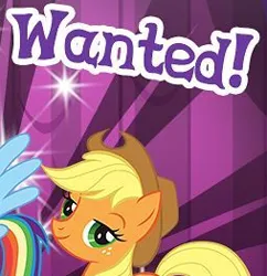 Size: 254x262 | Tagged: safe, derpibooru import, applejack, rainbow dash, earth pony, pegasus, pony, g4, applejack's hat, cowboy hat, cropped, english, female, gameloft, hat, image, looking at you, mare, meme, png, solo focus, text, wanted, wings, wow! glimmer