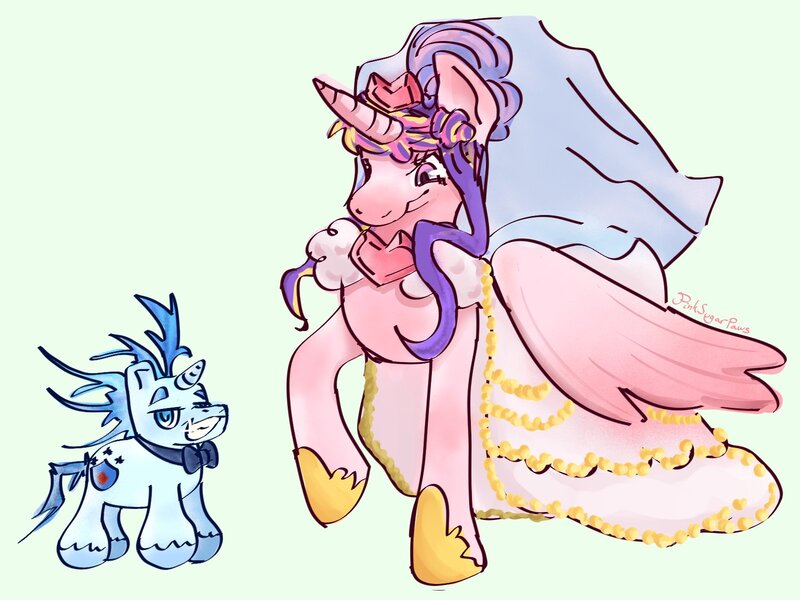 Size: 1600x1200 | Tagged: safe, artist:pinksugarpaws, ponerpics import, oc, unofficial characters only, pony, clothes, dress, duo, female, image, jpeg, male, mare, size difference, stallion