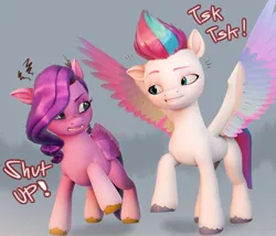 Size: 1118x959 | Tagged: safe, artist:makaryo, derpibooru import, pipp petals, zipp storm, pegasus, pony, g5, 3d, duo, duo female, female, gradient background, image, jpeg, mare, obtrusive watermark, royal sisters (g5), siblings, sisters, spread wings, watermark, wings