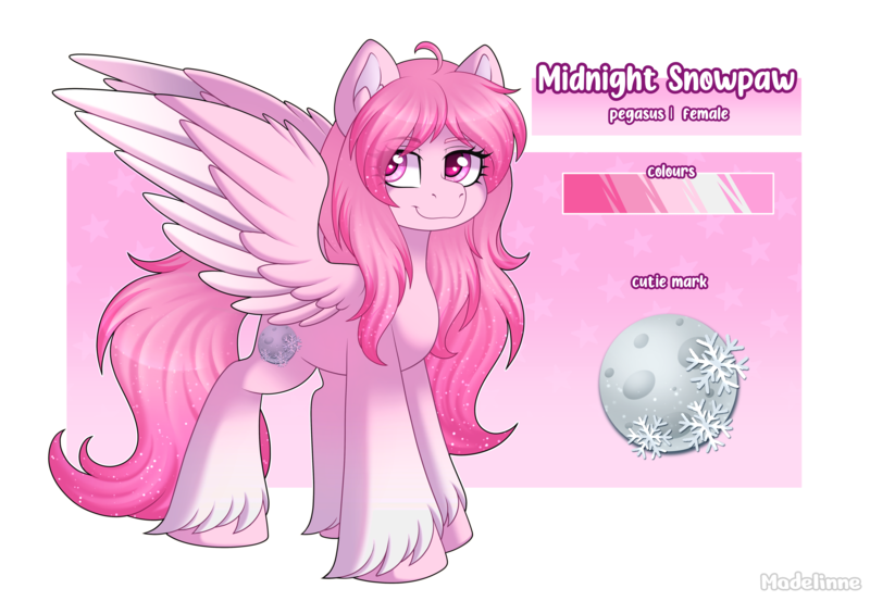 Size: 6000x4147 | Tagged: safe, artist:madelinne, derpibooru import, oc, oc:midnight snowpaw, pegasus, pony, commission, cutie mark, female, image, long hair, mare, pegasus oc, pink body, pink eyes, pink mane, png, reference sheet, solo, wings