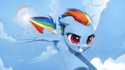 Size: 5856x3296 | Tagged: safe, ai content, derpibooru import, machine learning generated, prompter:bluetoothworld, rainbow dash, pegasus, pony, g4, cloud, day, female, flying, image, jpeg, outdoors, rainbow, rainbow trail, sky, smiling, solo, sonic rainboom, wings