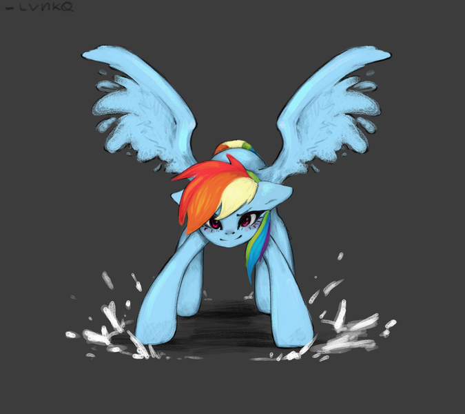 Size: 1800x1600 | Tagged: safe, artist:lunciafnafpl, derpibooru import, rainbow dash, pegasus, pony, g4, female, floppy ears, gray background, image, looking at you, mare, png, simple background, smiling, smiling at you, solo, spread wings, wings