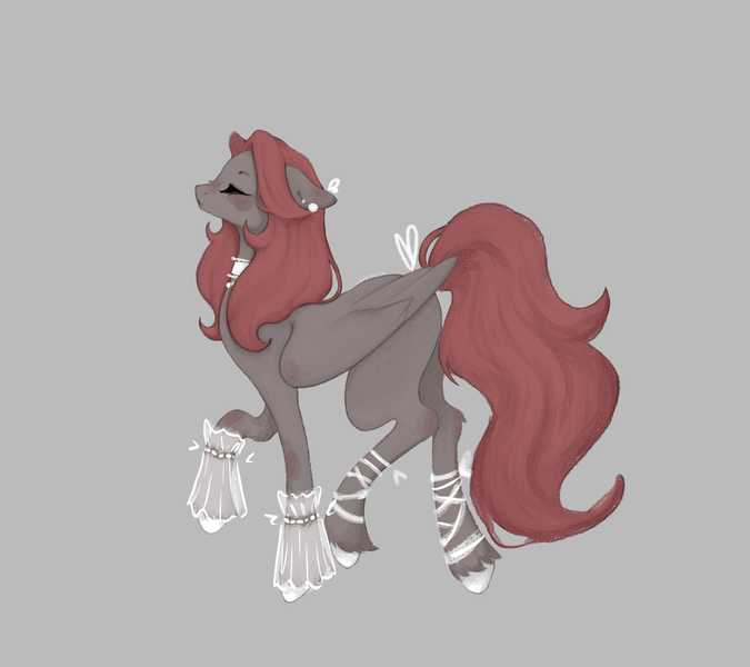 Size: 1800x1600 | Tagged: safe, artist:lunciafnafpl, derpibooru import, oc, oc:blair, pegasus, pony, bow, choker, ear piercing, earring, eyes closed, female, floppy ears, gray background, image, jewelry, leg wraps, mare, piercing, png, profile, simple background, solo, standing on two hooves, tail, tail bow, unshorn fetlocks