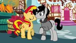 Size: 8192x4608 | Tagged: safe, artist:alicesponycorner, derpibooru import, sunset shimmer, oc, pony, unicorn, g4, canon x oc, eff minus, female, horn, image, kiss on the cheek, kissing, male, mare, monochrome, outdoors, png, ponytube, ponyville, ship, show accurate, stallion, stallion oc, youtuber