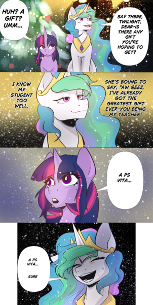 Size: 2650x5263 | Tagged: safe, artist:sapphire-spirit-salt, derpibooru import, princess celestia, twilight sparkle, alicorn, pony, unicorn, g4, bust, christmas, christmas tree, comic, duo, duo female, eyes closed, female, high res, holiday, horn, image, internal monologue, japanese reading order, mare, nervous sweat, open mouth, open smile, png, smiling, snow, snowfall, tree, unicorn twilight