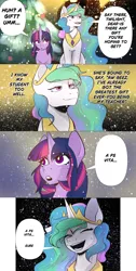 Size: 2650x5263 | Tagged: safe, artist:sapphire-spirit-salt, derpibooru import, princess celestia, twilight sparkle, alicorn, pony, unicorn, g4, bust, christmas, christmas tree, comic, duo, duo female, eyes closed, female, high res, holiday, horn, image, internal monologue, japanese reading order, mare, nervous sweat, open mouth, open smile, png, smiling, snow, snowfall, tree, unicorn twilight