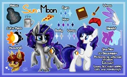 Size: 4100x2500 | Tagged: safe, artist:sunamoonmlp, derpibooru import, oc, oc:sunamoon, unofficial characters only, alicorn, pony, g4, ethereal mane, ethereal tail, female, horn, image, mare, png, pronouns, reference, reference sheet, stars, wings