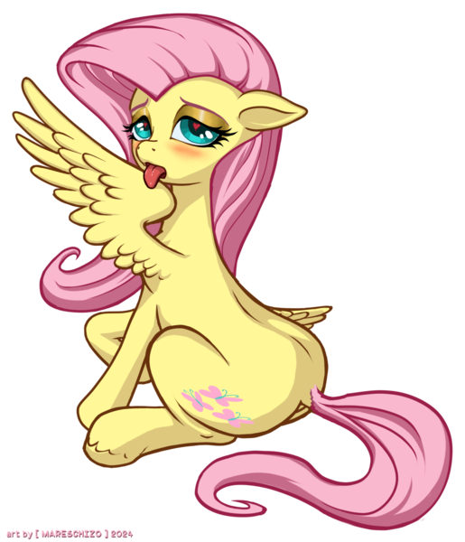 Size: 1682x1961 | Tagged: suggestive, artist:mareschizo, derpibooru import, fluttershy, pegasus, pony, g4, bedroom eyes, blushing, butt, cutie mark, derpibooru exclusive, eyeshadow, female, floppy ears, flutterbutt, grooming, heart, heart eyes, image, licking, lidded eyes, looking at you, looking back, looking back at you, makeup, mare, png, preening, raised hoof, rear view, simple background, sitting, solo, solo female, tongue out, transparent background, unshorn fetlocks, wingding eyes, wings