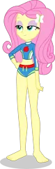 Size: 1290x3923 | Tagged: safe, alternate version, artist:dustinwatsongkx, derpibooru import, fluttershy, human, equestria girls, g4, applejack's beach shorts swimsuit, barefoot, clothes, clothes swap, eyeshadow, feet, hairpin, image, lidded eyes, makeup, png, simple background, solo, swimsuit, swimsuit swap, transparent background, vector