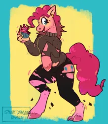 Size: 640x729 | Tagged: safe, artist:spookydragondraws, derpibooru import, pinkie pie, earth pony, human, pony, clothes, cupcake, female, food, holding, human to pony, image, jpeg, open mouth, smiling, solo, torn clothes, transformation