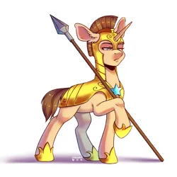 Size: 2000x2000 | Tagged: safe, artist:ak4neh, derpibooru import, oc, oc:curious heart, unofficial characters only, pony, unicorn, armor, female, guardsmare, horn, image, mare, png, resting bitch face, royal guard, simple background, solo, solo female, spear, weapon, white background