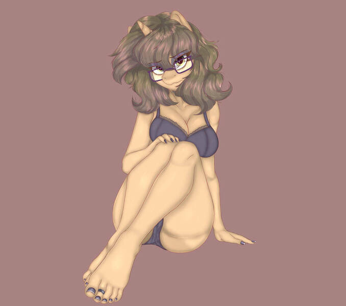 Size: 950x841 | Tagged: suggestive, artist:tragerchelle, ponerpics import, oc, unofficial characters only, anthro, bikini, clothes, feet, female, glasses, head tilt, image, jpeg, looking at you, sitting, solo, solo female, swimsuit, toe ring, toes