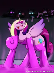 Size: 1053x1415 | Tagged: suggestive, artist:defilerzero, ponerpics import, princess cadance, pony, blushing, clothes, female, image, jpeg, latex, latex socks, liquid latex, mare, open mouth, singing, socks, solo