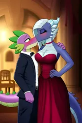 Size: 512x768 | Tagged: safe, ai content, derpibooru import, machine learning generated, novelai, stable diffusion, limestone pie, spike, anthro, dragon, earth pony, g4, age difference, big breasts, blushing, breasts, busty limestone pie, clothes, dress, duo, duo male and female, female, image, indoors, kissing, lowres, male, png, prompter:genderface, ship:spikestone, shipping, straight