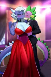 Size: 512x768 | Tagged: safe, ai content, derpibooru import, machine learning generated, novelai, stable diffusion, limestone pie, spike, anthro, dragon, earth pony, g4, age difference, big breasts, blushing, breasts, busty limestone pie, clothes, dress, duo, duo male and female, female, image, indoors, kissing, lowres, male, png, prompter:genderface, ship:spikestone, shipping, straight