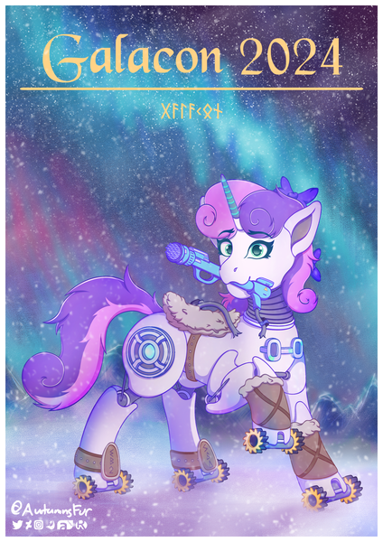 Size: 2024x2862 | Tagged: safe, alternate version, artist:autumnsfur, derpibooru import, sweetie belle, oc, oc:sweetie bot 2560, unofficial characters only, pony, robot, robot pony, unicorn, accessory, auction, aurora borealis, broken, bubble gun, clothes, commission, detailed background, female, full body, galacon, galacon 2024, green eyes, horn, image, led, mare, mountain, night, night sky, outdoors, pink mane, png, poster, purple mane, raised hoof, sky, snow, solo, stars, sweetie bot, tail, viking, wheel, white coat, wires